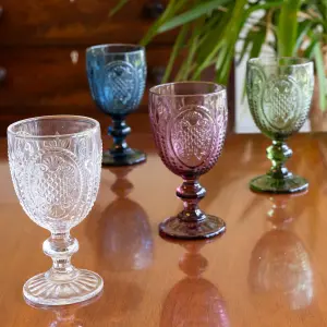 Set of 4 Vintage Luxury Mix Match Pink, Blue, Clear & Green Drinking Wine Glass Wine Goblets 310ml