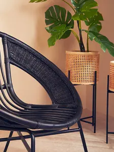 Interiors by Premier Black Natural Rattan And Black Iron Arm Chair, Comfortable Outdoor Chair, Durable Black Natural Dining Chair