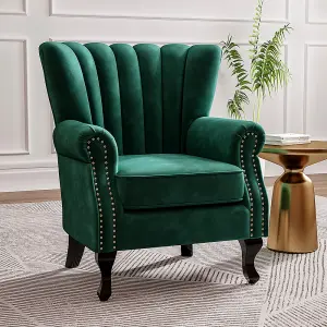 Green Velvet Wing Back Armchair,Upholstered Sofa Chair Vintage Channel Accent Chair with Wooden Legs