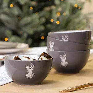 Set of 6 Grey Stag Stoneware Dinnerware Christmas Bowls