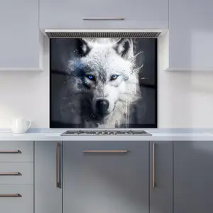 White Wolf Face Splashart Dark Backgrouns Premium Glass Kitchen Splashback W600mm x H650mm