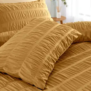 Catherine Lansfield Bedding Seersucker Embellished Duvet Cover Set with Pillowcases Caramel