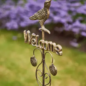 Vintage Standing Welcome Garden Stake with Bird Garden Ornament