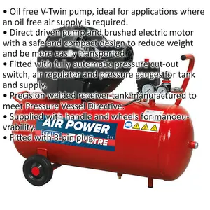 50 Litre Oil Free Air Compressor V-Twin Direct Drive - 3hp Motor - Air Regulator