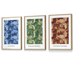 Set of 3 Framed Framed Blue, Green Brown William Morris Floral / 30x42cm (A3) / Oak