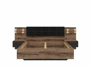 Luxury Super King Bed Frame with Padded Headboard LED Lights USB Chargers Bedside Cabinets Oak Black Kassel