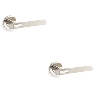 2 PACK - SOLID BRASS Knurled Door Handle Set - Polished Nickel Bar Lever Round Rose