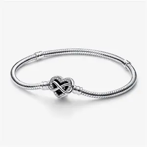 Pandora Moments Sparkling Infinity Heart Clasp Snake Chain Bracelet - Sterling Silver / Cubic Zirconia - Sz. 21 cm