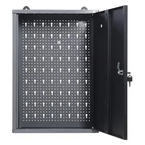 Black 1 Door Metal Wall Mounted Key Lockable Pegboard Tool Organizer Cabinet 42 x 60 cm