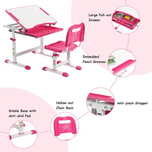 COSTWAY Kids Desk & Chair Set Adjustable Study Table with Tilting Tabletop