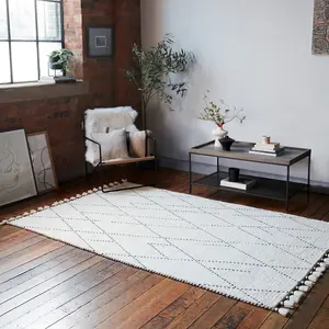 Cream Easy to clean Geometric Modern , Wool Rug for Living Room, Bedroom - 200cm X 290cm