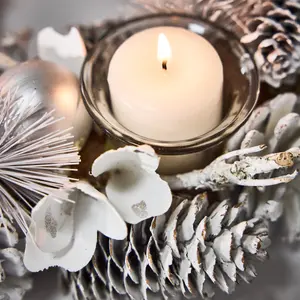 White Frosted Round Table Centrepiece Christmas Decoration Candle Holder Tealight Holder 30cm