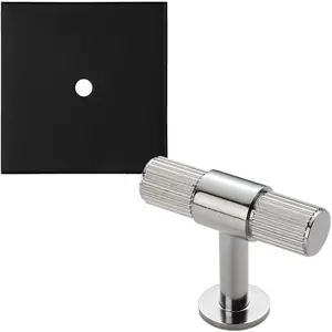 Cabinet Door Knob & Contrasting Backplate Set - Reeded T Bar Pull - Polished Chrome & Black