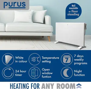 Purus Electric Radiator Panel Heater Eco 1200W Bathroom Safe Wall Mounted or Floorstanding Timer Thermostat Lot 20