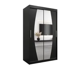 Elypse Contemporary 2 Mirrored Sliding Door Wardrobe 5 Shelves 2 Rails Black (H)2000mm (W)1200mm (D)620mm