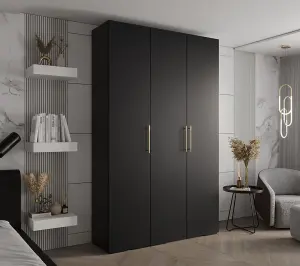 Stylish Black Inova 3 Hinged Door Wardrobe W1500mm H2370mm D470mm - Modern Storage Solution with Gold Vertical Handles