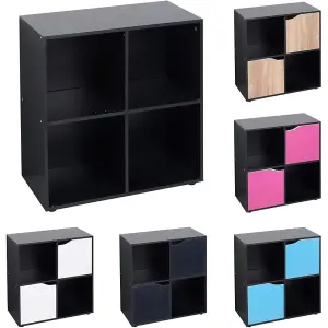 URBNLIVING 4 Cube Black Wooden Bookcase Shelving Display Shelves Storage Unit Wood Shelf Black Door