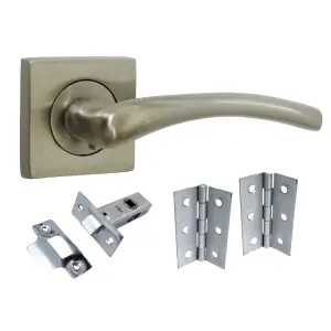 Zena Door Handle Satin Nickel Lever on Square Rose Internal Handles 64mm Latch & Hinges