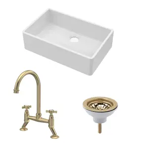 Fireclay Kitchen Bundle - Single Bowl Butler Sink, Waste & Bridge Crosshead Mixer Tap, 795mm - Brushed Brass - Balterley