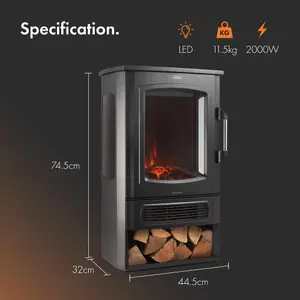 VonHaus Electric Stove Heater 2000W, Electric Fireplace, Indoor Log/Wood Burner Effect, Freestanding Fire, Log Storage, Panoramic