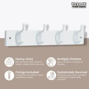 keypak 4 White Coat Hooks on White Wooden Board - 46cm Modern Wall Mounted Coat Rack Clothes Hanger