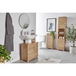 VonHaus Tall Bathroom Cabinet, Oak Wood Effect Bathroom Tallboy Unit, Slatted Bathroom Storage for Kitchen and Hallway, Chester