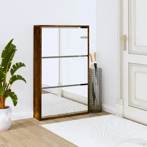 Berkfield Shoe Cabinet with Mirror 3-Layer Smoked Oak 63x17x102.5 cm