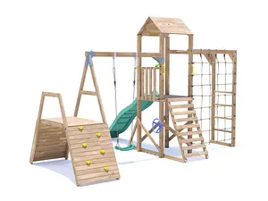 Dunster House Wooden Climbing Frame with Swing, Climbing Wall, Monkey Bars, Cargo Net & Slide BalconyFort Low Platform