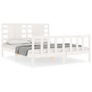 Berkfield Bed Frame with Headboard White King Size Solid Wood