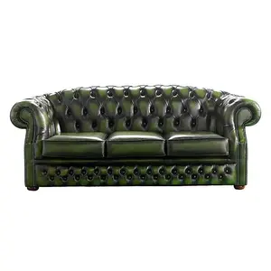 Chesterfield 3 Seater Antique Green Leather Sofa Bespoke In Buckingham Style