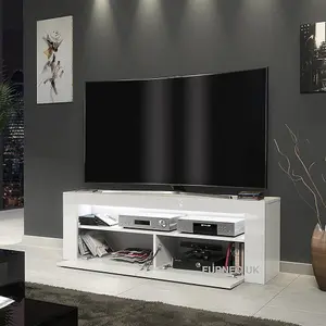 Furneo White TV Stand 125cm Cabinet Unit High Gloss & Matt Clifton03 White LED Lights