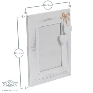 Nicola Spring Rustic White Hearts Photo Frame - Wooden Portrait Table Standing Picture Display Frames - 4 x 6" - White