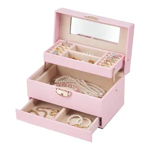 2-Layer Pink PU Leather Jewellery Box with Hidden Drawer and Velvet Lining