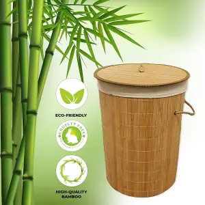 Mantraraj 85L Eco Friendly Round Bamboo Folding Laundry Basket Bin With Lid And Cloth Liner Collapsible Laundry Hamper Bin