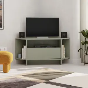 Decortie Modern Viva Corner TV Unit Shelf up to 40 Inch TVs Push to Open Storage Cabinet, 3 Open Shelf 95.7(W)cm Ash Green