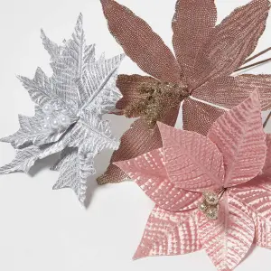 Homescapes Artificial Set of 3 Pink Poinsettia Single Stem Decorations