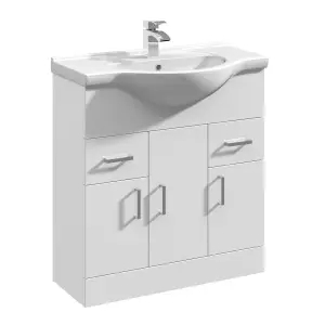 3 Door 2 Drawer Bathroom Vanity Basin Unit with Round Basin - 750mm - Gloss White