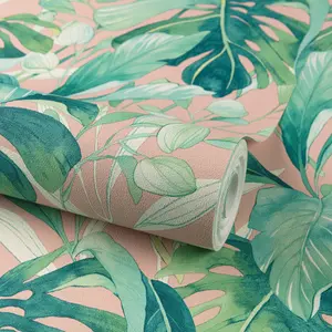 Grandeco Pink Palm Leaves Embossed Wallpaper