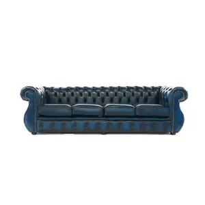 Chesterfield 4 Seater Sofa Antique Blue Real Leather In Kimberley Style