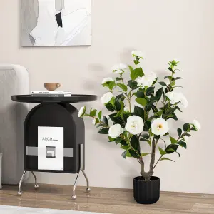 Costway Artificial Camellia Tree Faux Flower Plant Artificial Tree in Cement Pot Greenery Potted Plant Free Maintenance