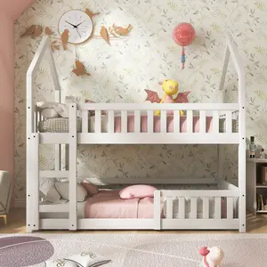 Bunk Bed, Twin Sleeper Bed with Ladder, Solid Wood Frame 3FT Single bed,  90 x 190 cm Wooden Bed Frame for Kids Children (White)