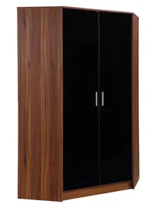 REFLECT 2 Door Corner Wardrobe in Gloss Black Door Fronts and Walnut Carcass