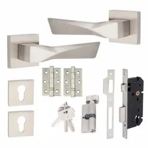 1 Pair Modern Aura Euro Lock Door Handles 70mm Thumbturn Barrell Satin Nickel Finish and Ball Bearing HInges - Golden Grace