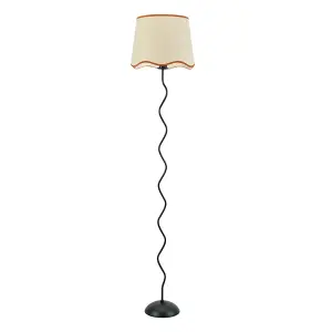 ValueLights Wiggle Black Metal Single Stem Floor Lamp with Linen Scallop Rust Trim Tapered Shade