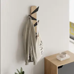 Decortie Modern Alesta Wall-Mounted Hanger Oak Engineered Wood with 6 Different Shape Metal Hooks 10(W)x75(H)x4.5(D)cm