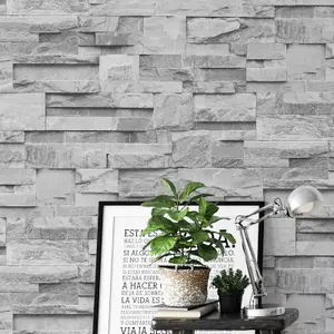 Slate Grey Realistic Stone Brick Wall Effect Textured Wallpaper Wall Faux