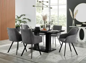 Imperia Black High Gloss 6 Seater Dining Table with Structural 2 Plinth Column Legs Dark Grey Fabric Black Leg Falun Chairs