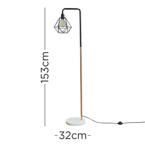 ValueLights Talisman Black Copper Metal and White Marble Base Floor Lamp with Gloss Black Metal Cage Shade