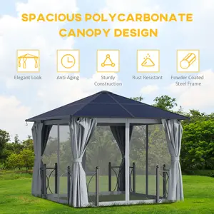 Outsunny 3x3(m) Hardtop Gazebo with Polycarbonate Roof, Netting and Curtains