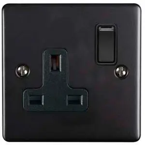 5 PACK 1 Gang Single UK Plug Socket MATT BLACK 13A Switched Power Outlet